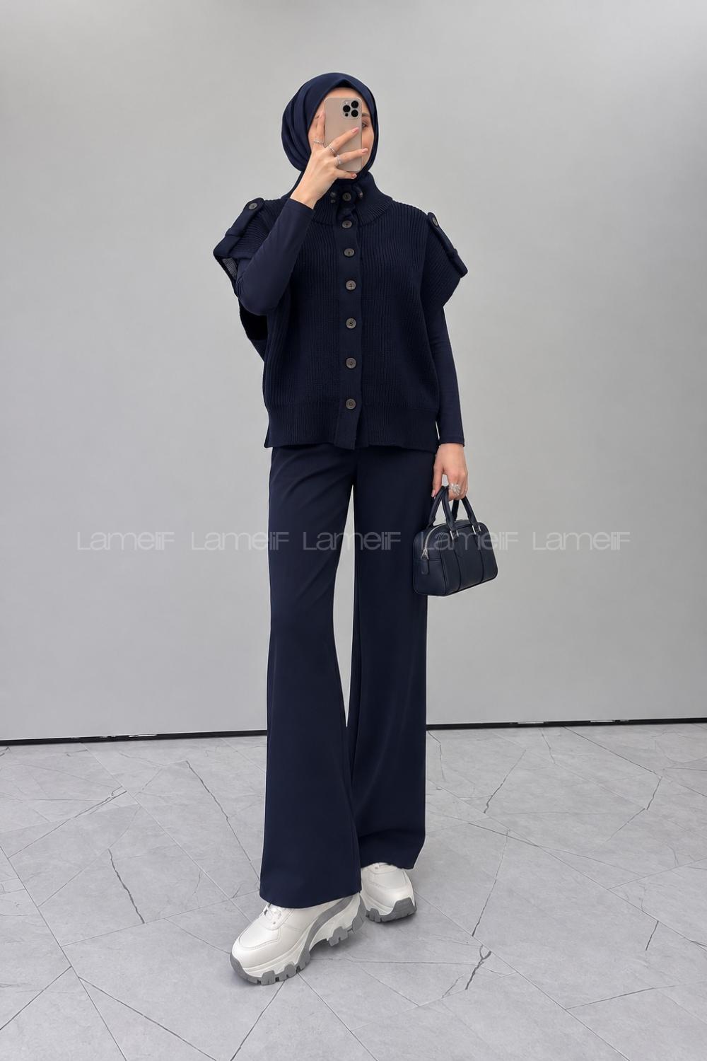 Navy Blue Turtle Neck Sleeveless Arm Buttoned Unprinted Vest