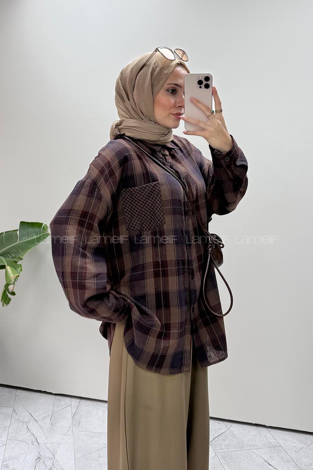 Lamelif Cepli Oversize Ekose Gömlek Acı Kahve