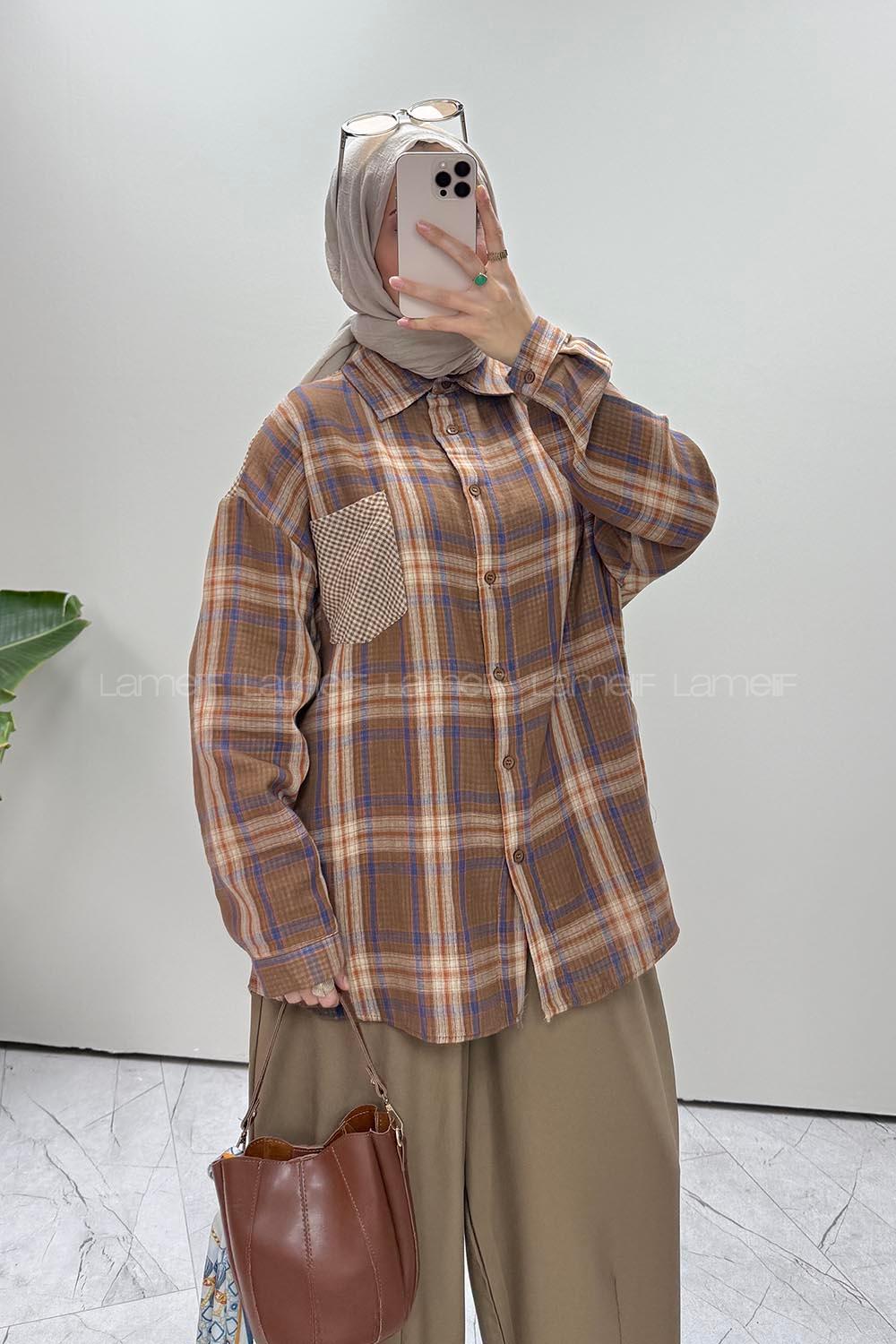 Lamelif Cepli Oversize Ekose Gömlek Soft Kahve