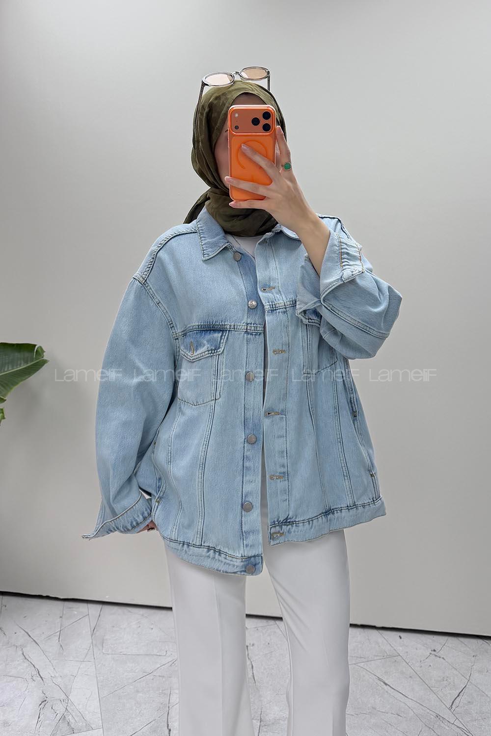 Lamelif Çift Cepli Oversize Ceket Buz Mavi