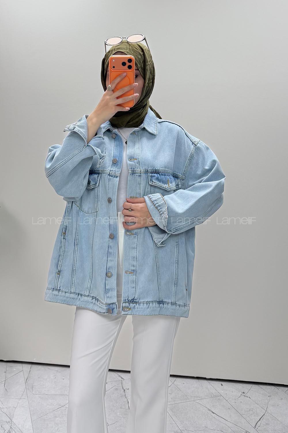 Lamelif Çift Cepli Oversize Ceket Buz Mavi