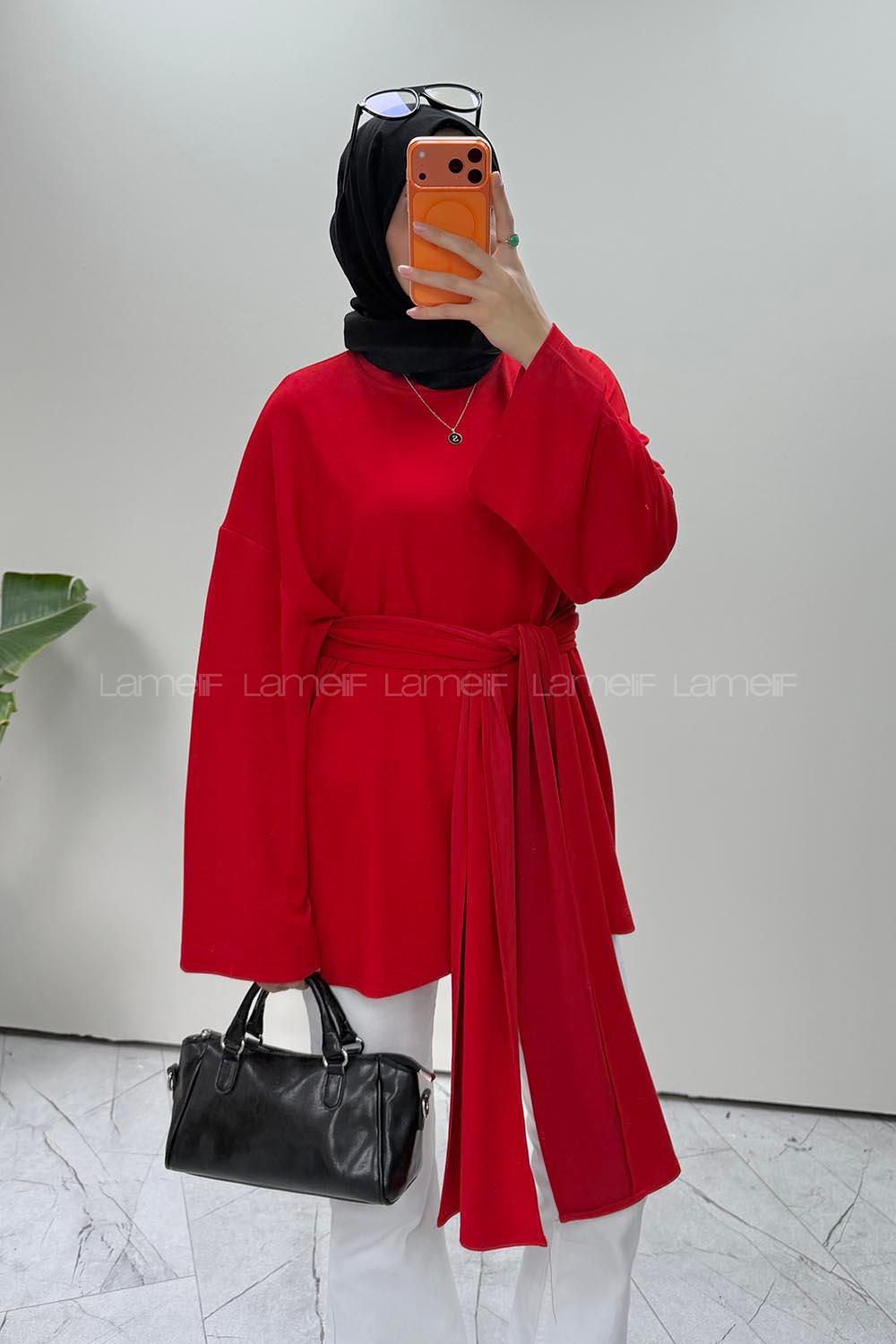 Lamelif Kemer Bağlamalı Tunik Kırmızı