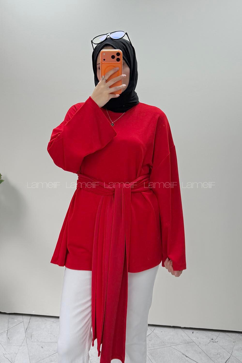 Lamelif Kemer Bağlamalı Tunik Kırmızı
