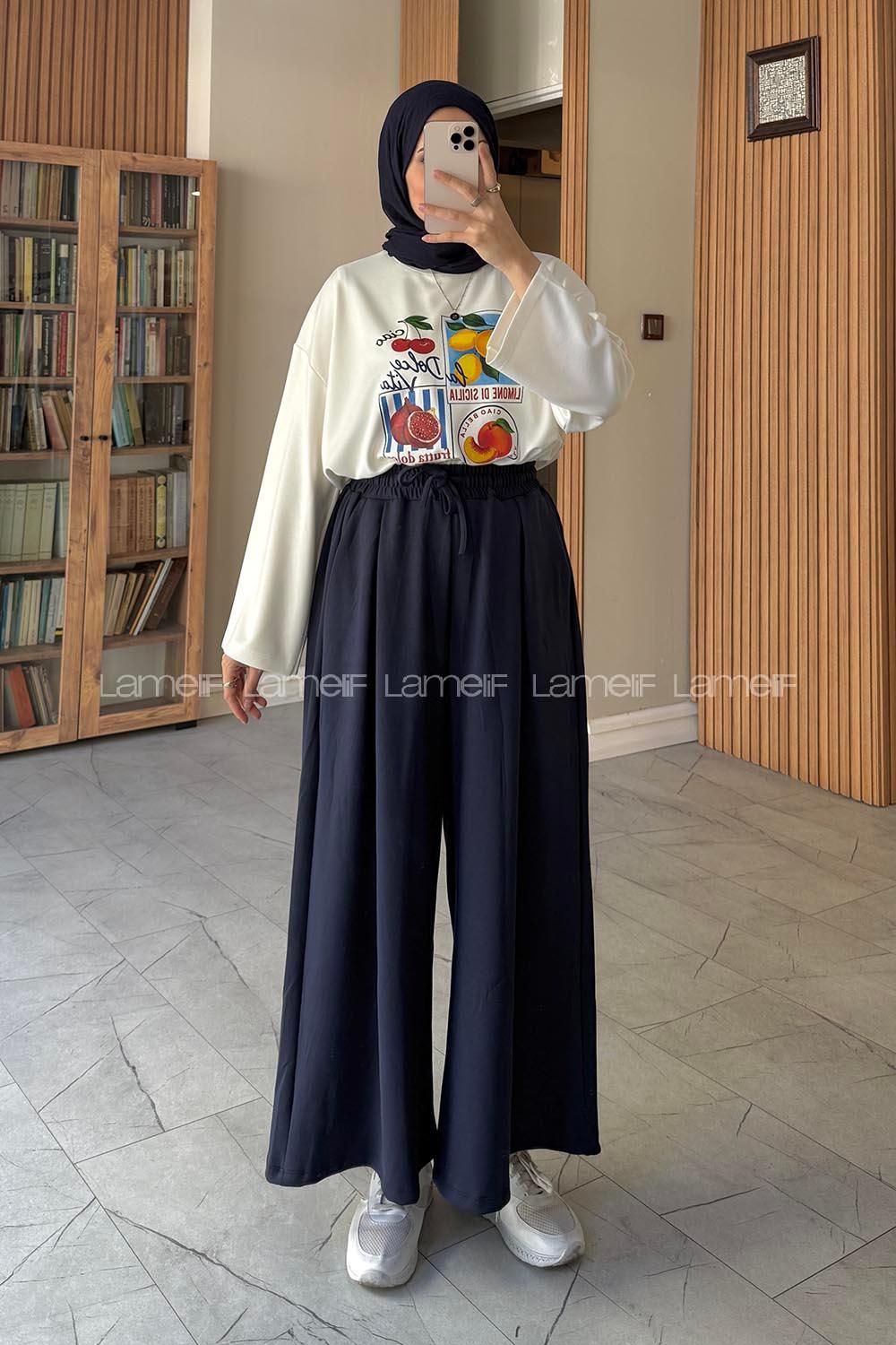 Navy Blue Cotton High Waist Comfortable Pants