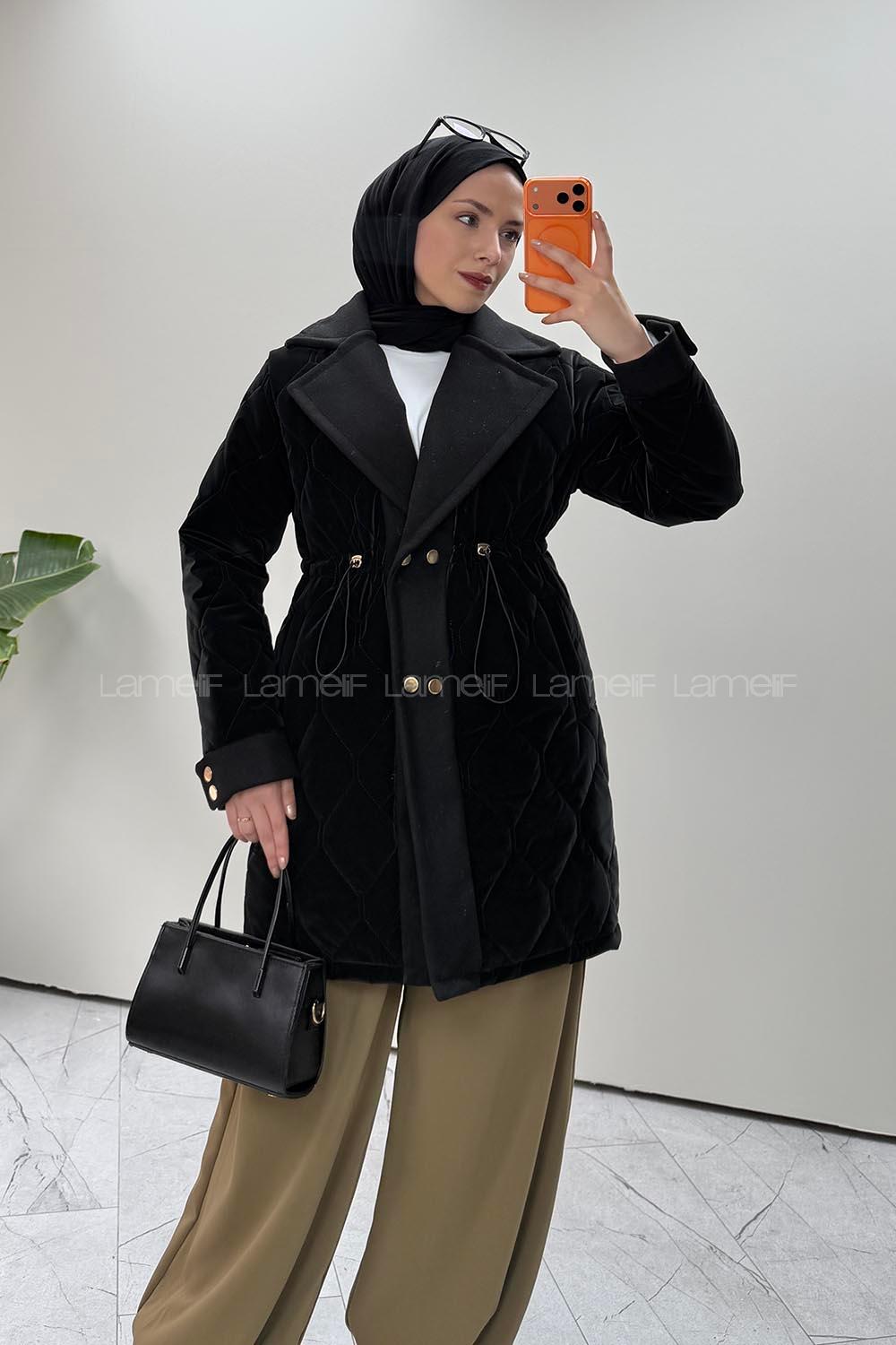 Lamelif Kruvaze Yaka Kapitone Mont Siyah
