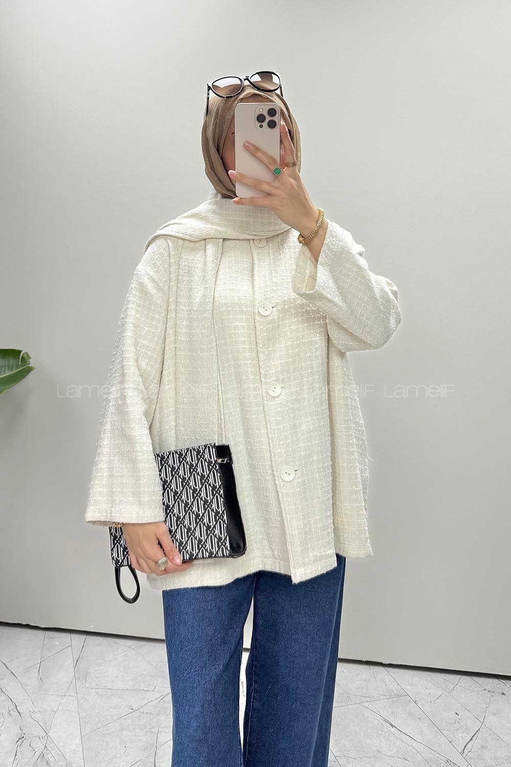 Ecru Crew Neck Long Arm Cotton Jacket