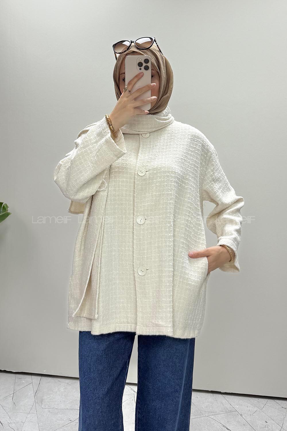 Ecru Crew Neck Long Arm Cotton Jacket