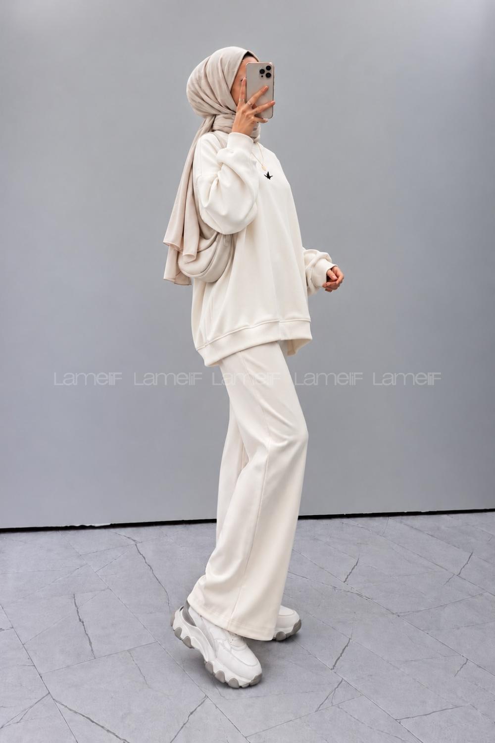 Lamelif Basic Kuş Detaylı Oversize Sweatshirt Beyaz