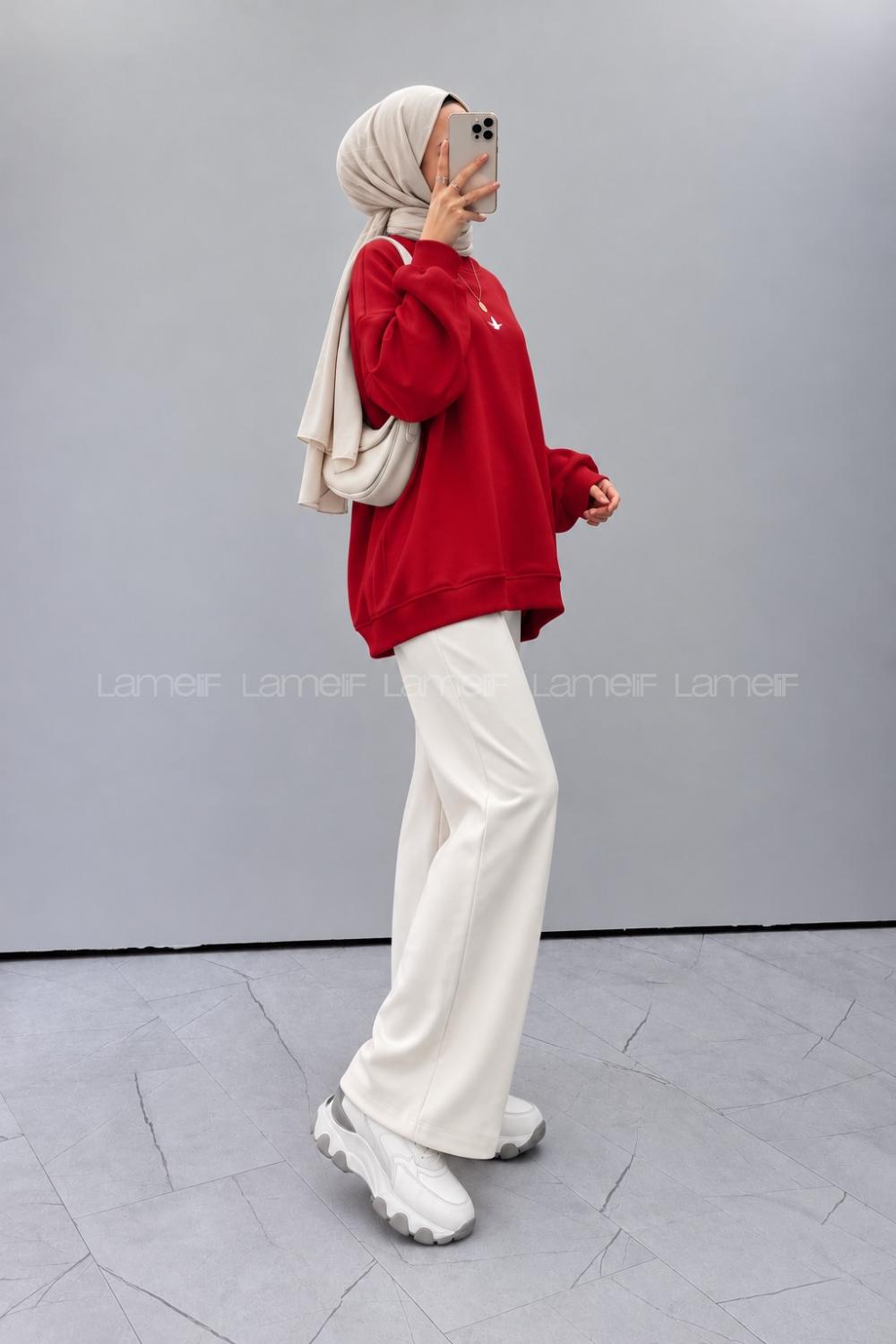 Lamelif Basic Kuş Detaylı Oversize Sweatshirt Kırmızı