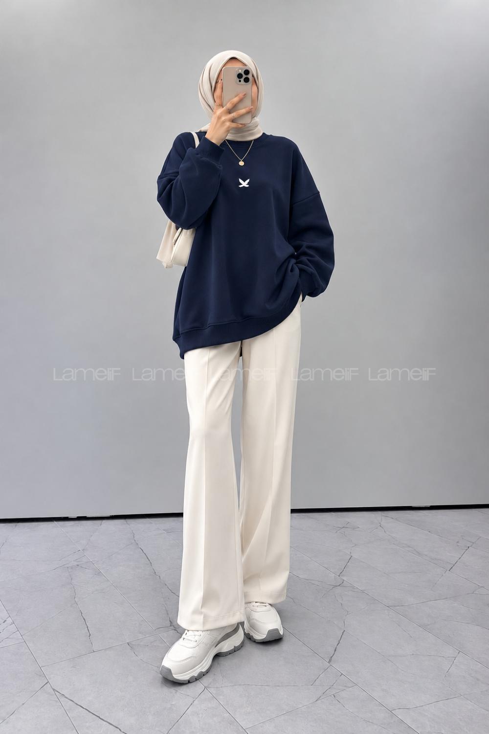 Lamelif Basic Kuş Detaylı Oversize Sweatshirt Lacivert