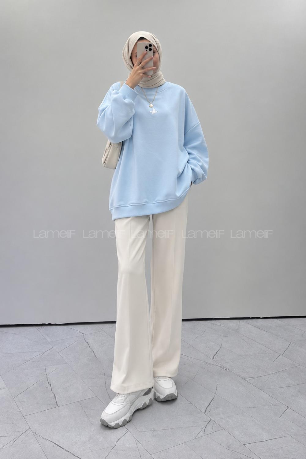 Lamelif Basic Kuş Detaylı Oversize Sweatshirt Mavi