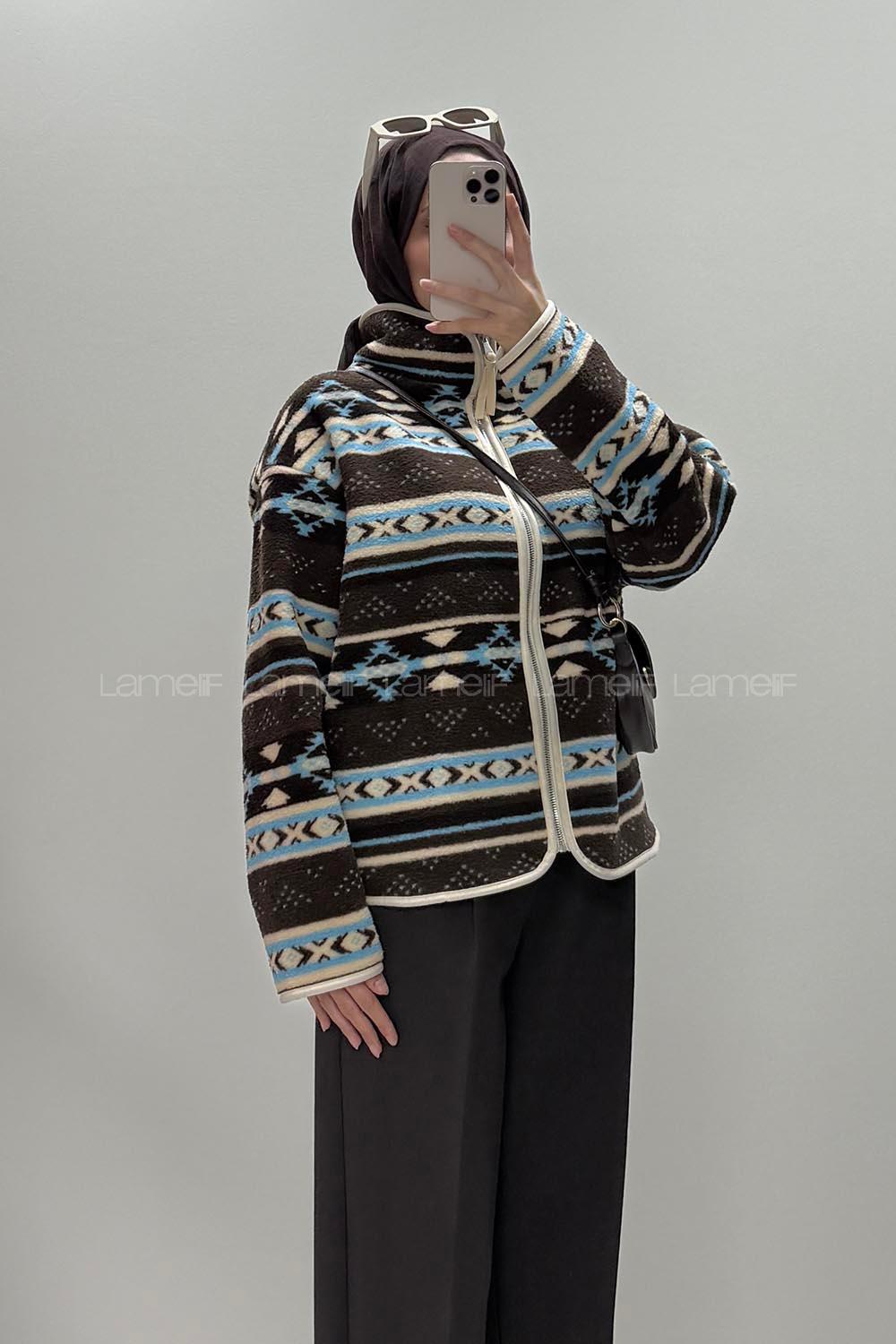 Brown Neckband Long Arm Jacket