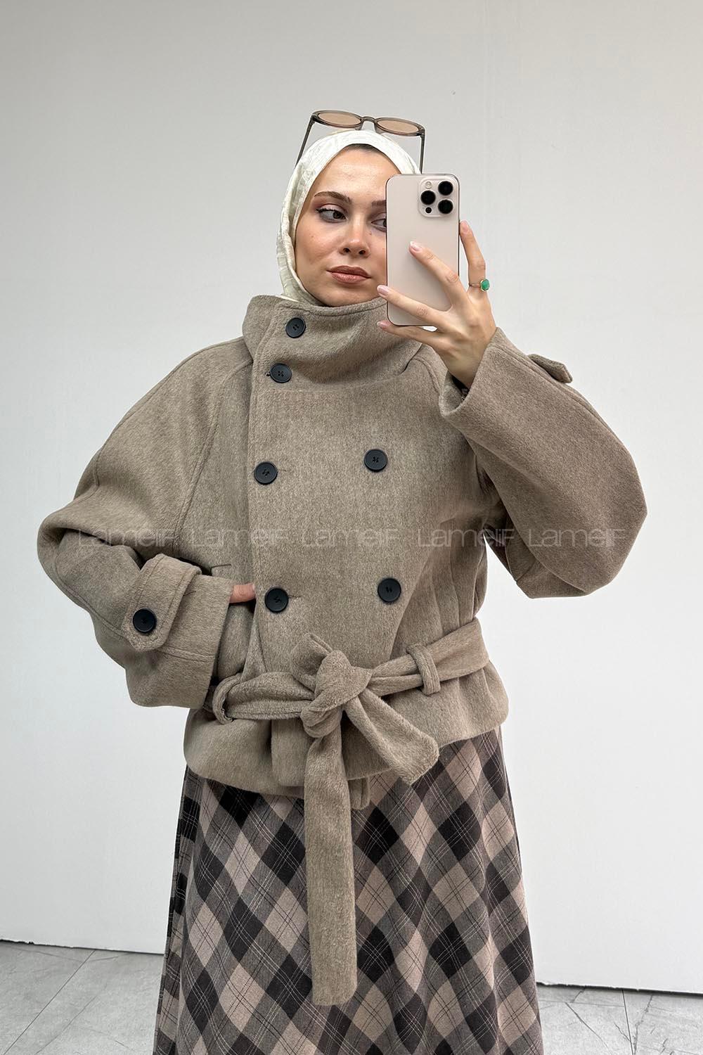 Lamelif Dik Yakalı Kaşe Kaban Vizonrengi