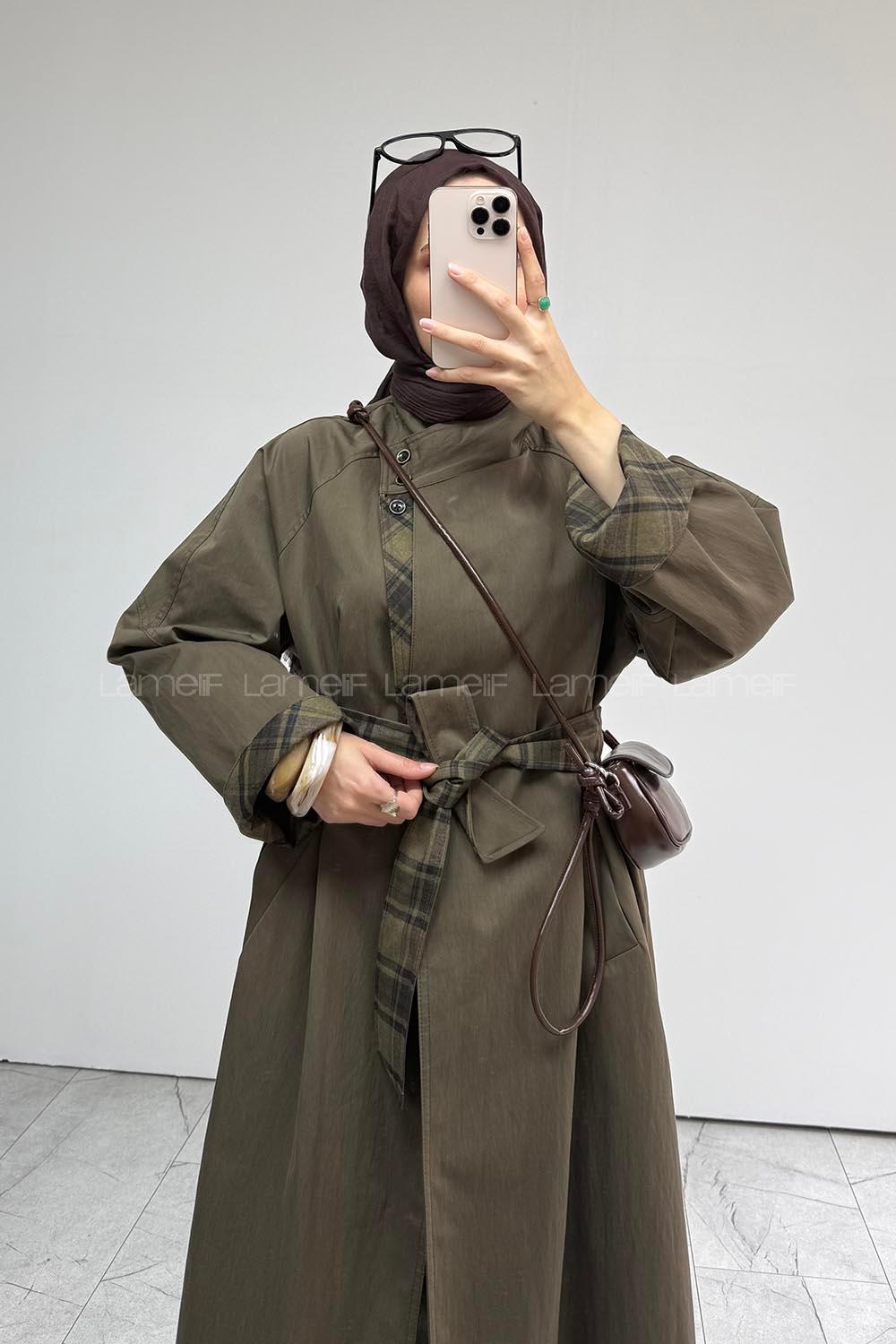 Khaki Long Arm Buttoned Cotton Fabric Naylon Trench Coat