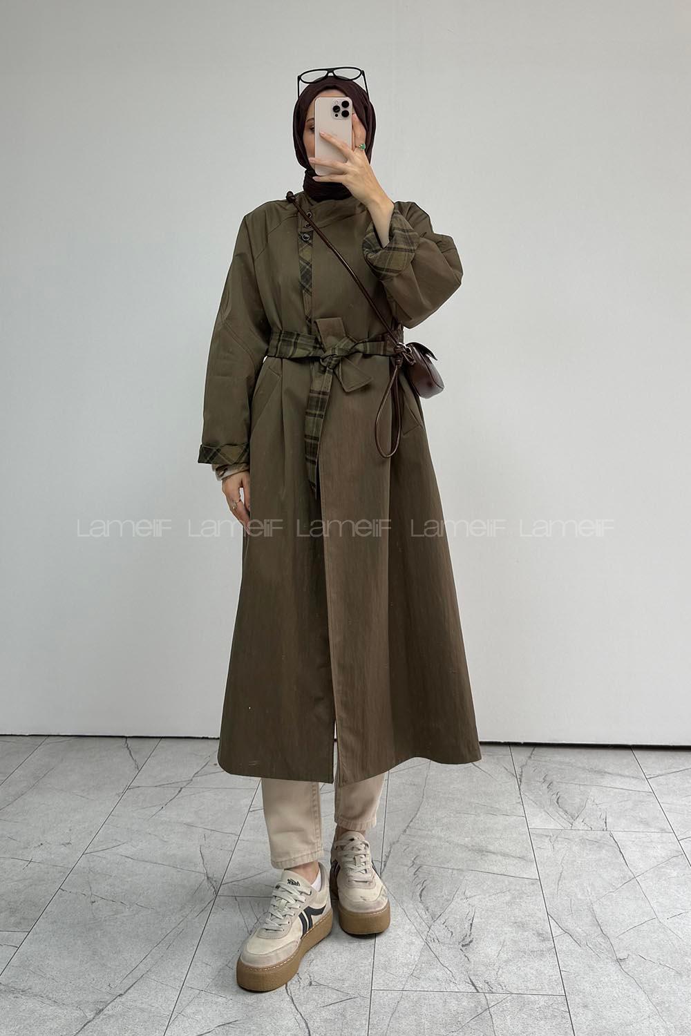 Khaki Long Arm Buttoned Cotton Fabric Naylon Trench Coat