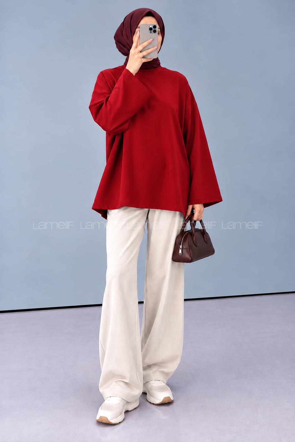 Lamelif Oversize Basic Sweatshirt Kırmızı