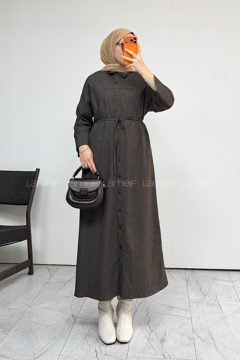 Brown Crew Neck Unprinted Dresess