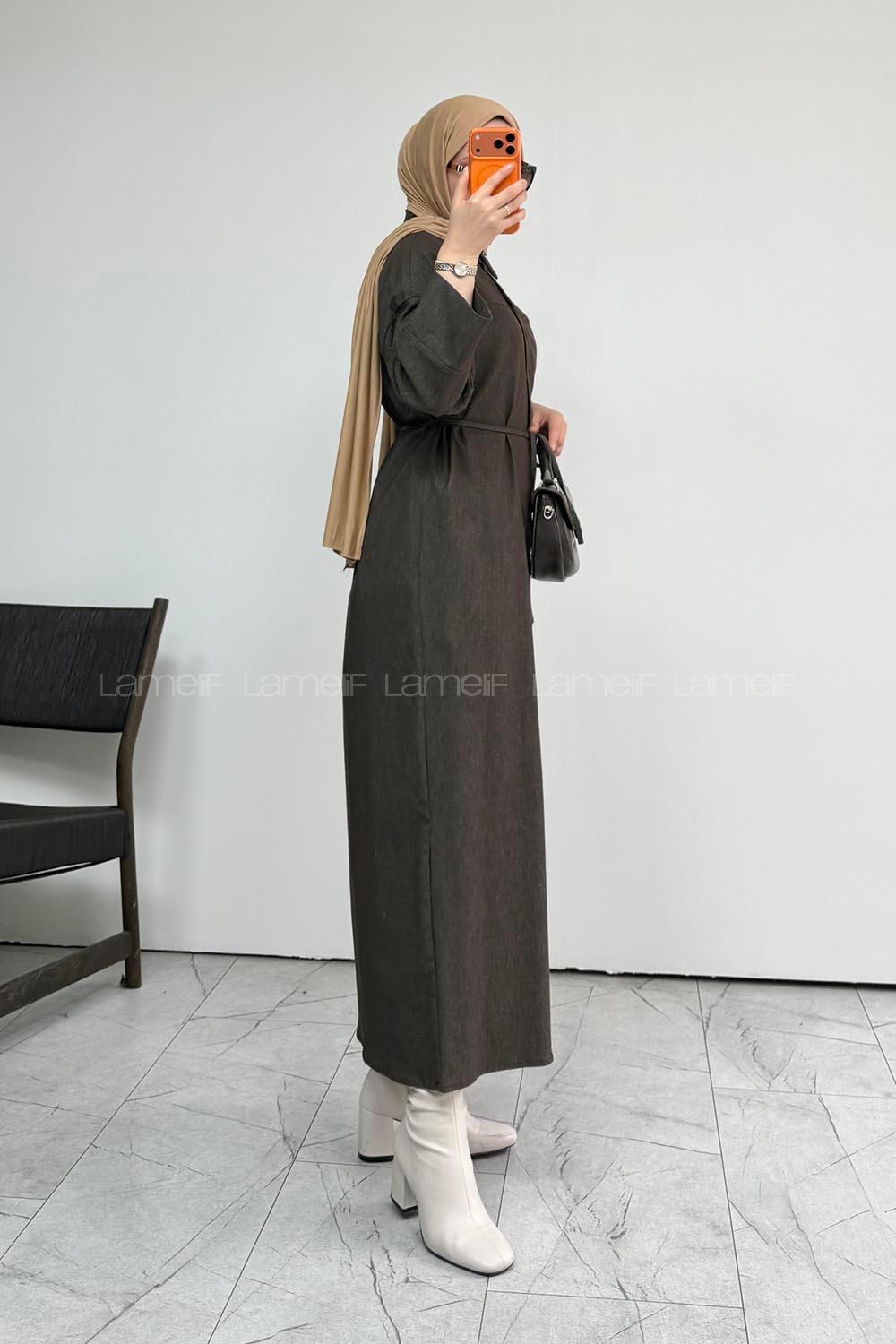 Brown Crew Neck Unprinted Dresess