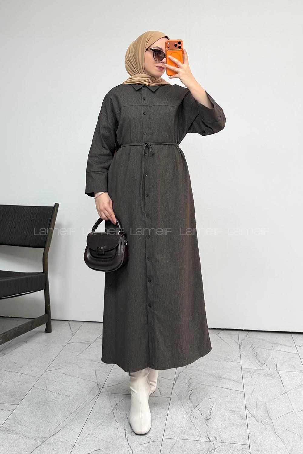 Brown Crew Neck Unprinted Dresess