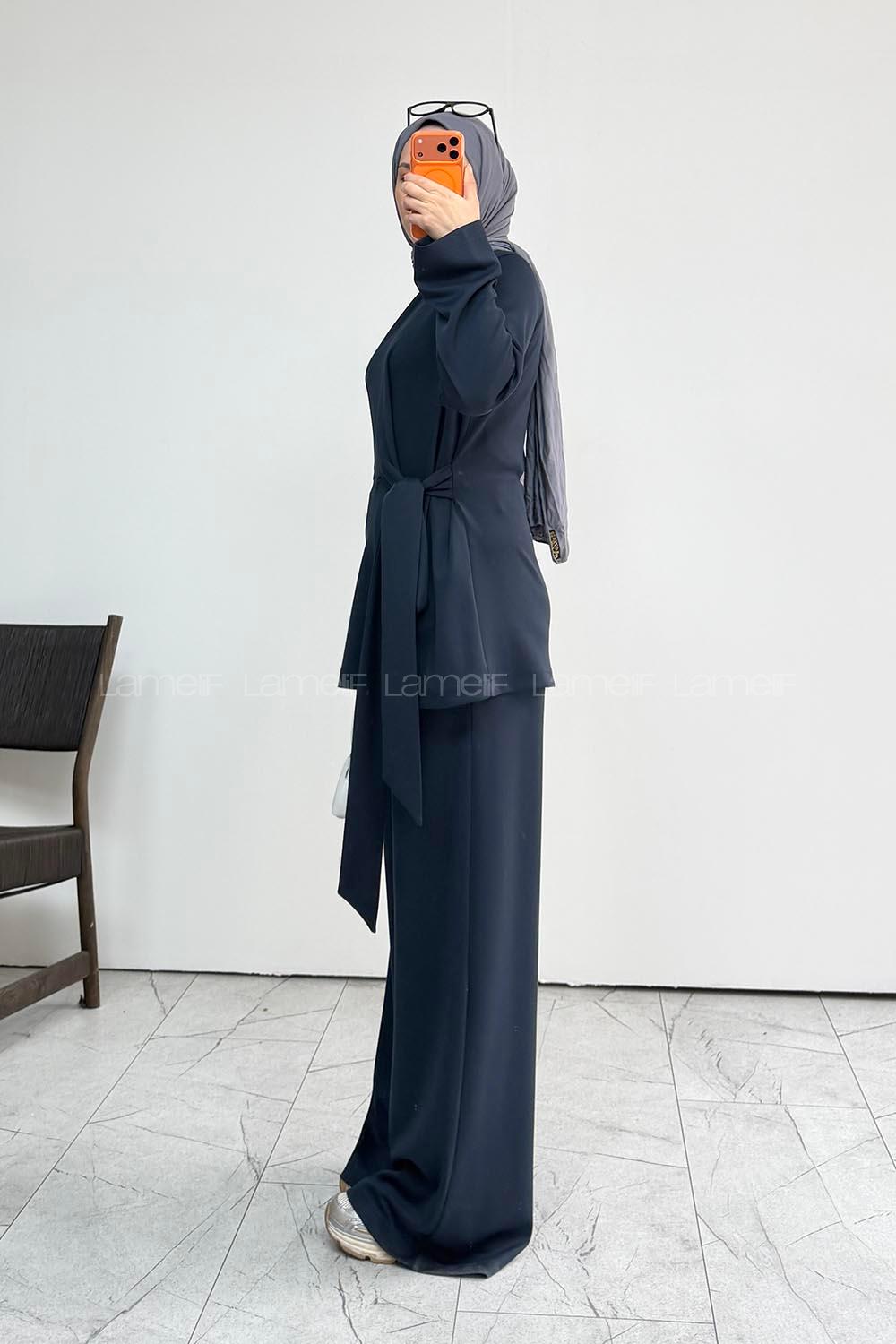 Navy Blue Neckband Long Arm Without Accessories Regular Trousers Suit
