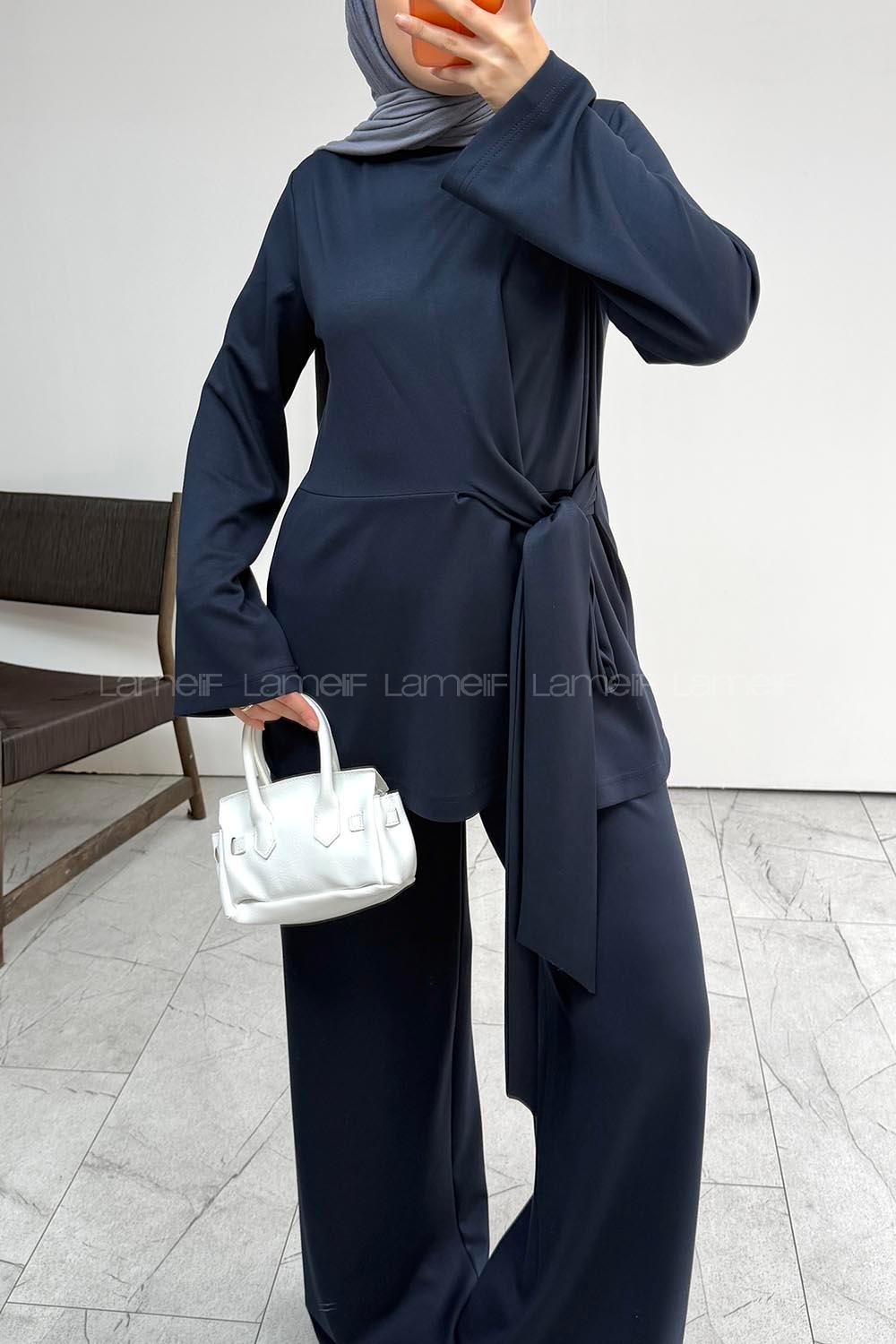 Navy Blue Neckband Long Arm Without Accessories Regular Trousers Suit