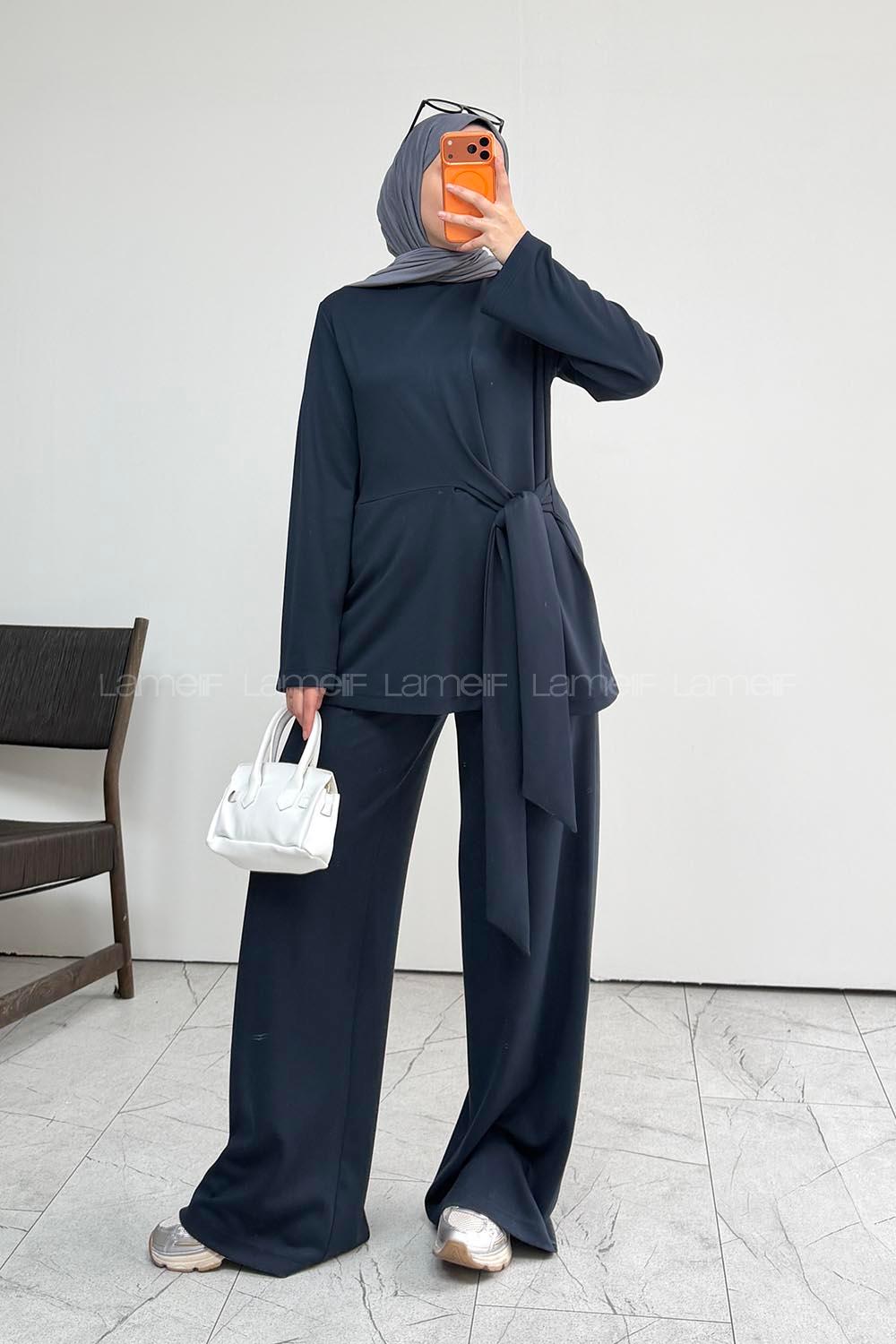 Navy Blue Neckband Long Arm Without Accessories Regular Trousers Suit