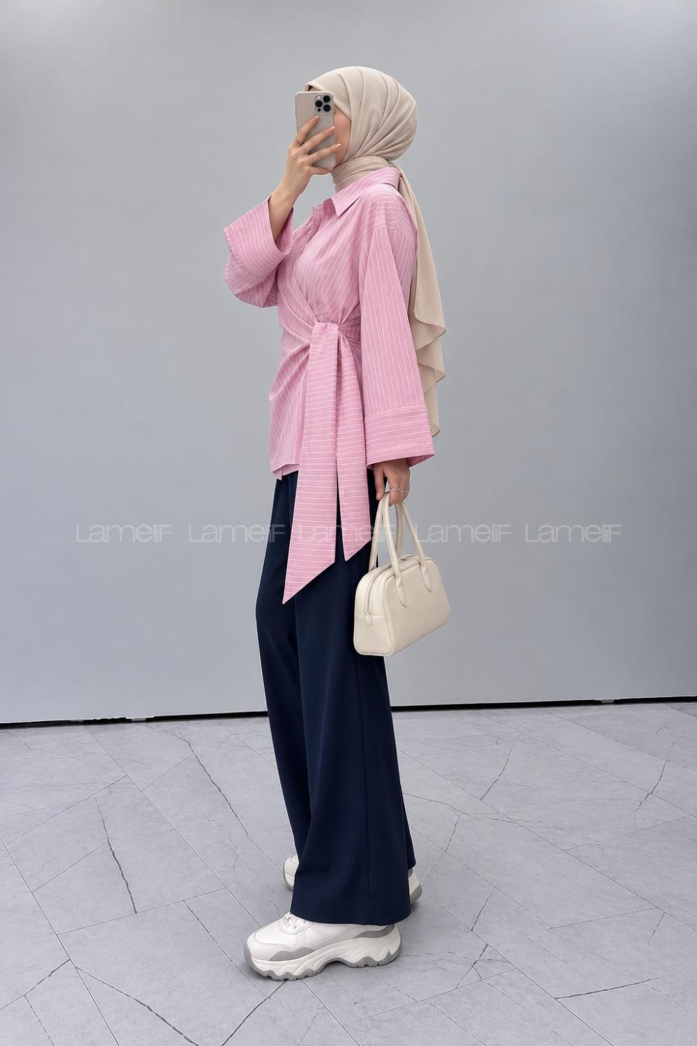 Pink Shirt Collar Long Arm Cotton Unprinted Shirt