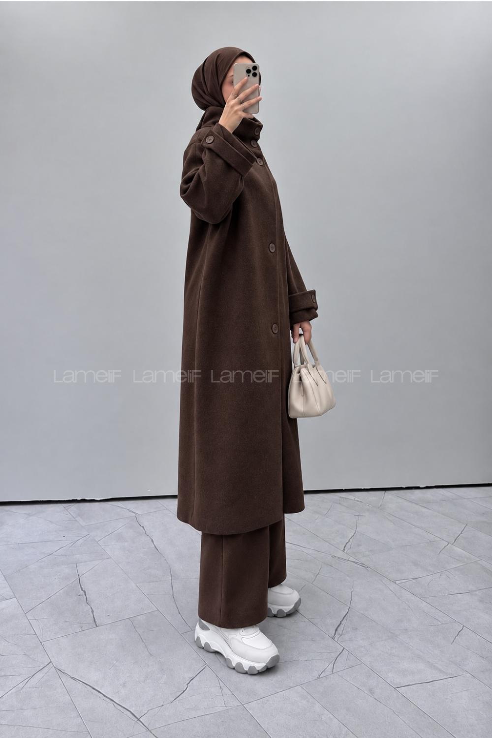 Bitter Brown Neckband Long Arm Stamp Fabric Coat
