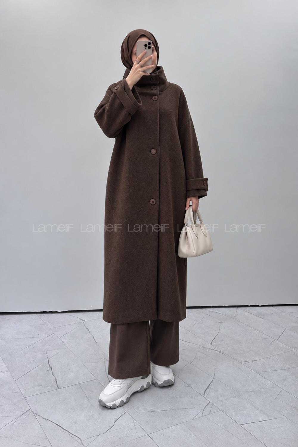 Bitter Brown Neckband Long Arm Stamp Fabric Coat