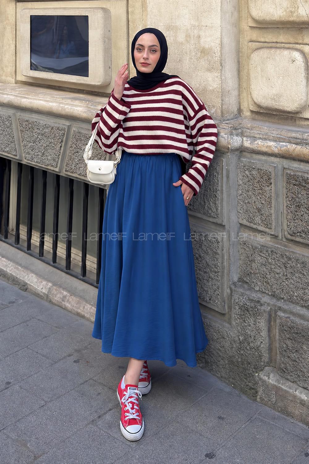 Lamelif Oversize Çizgili Triko Kazak Bordo