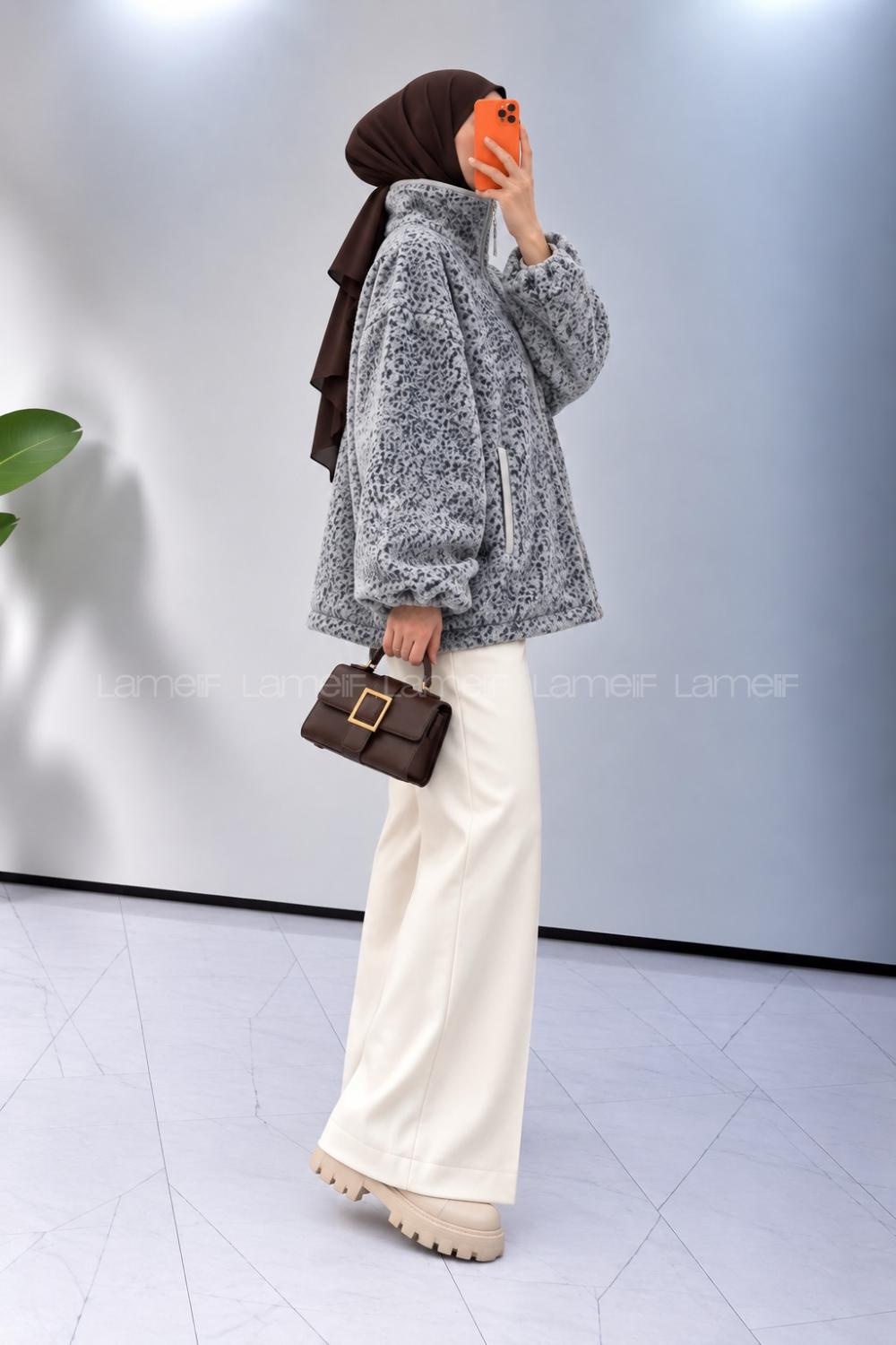 Lamelif Dik Yaka Desenli Polar Sweatshirt Füme