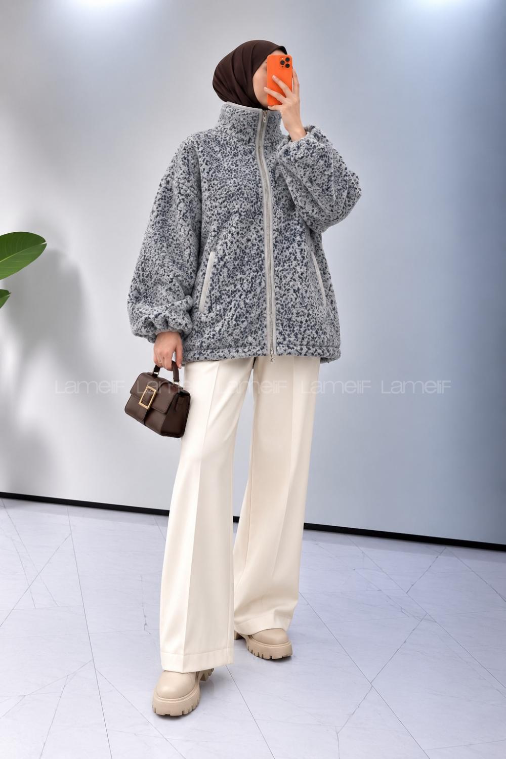 Lamelif Dik Yaka Desenli Polar Sweatshirt Füme