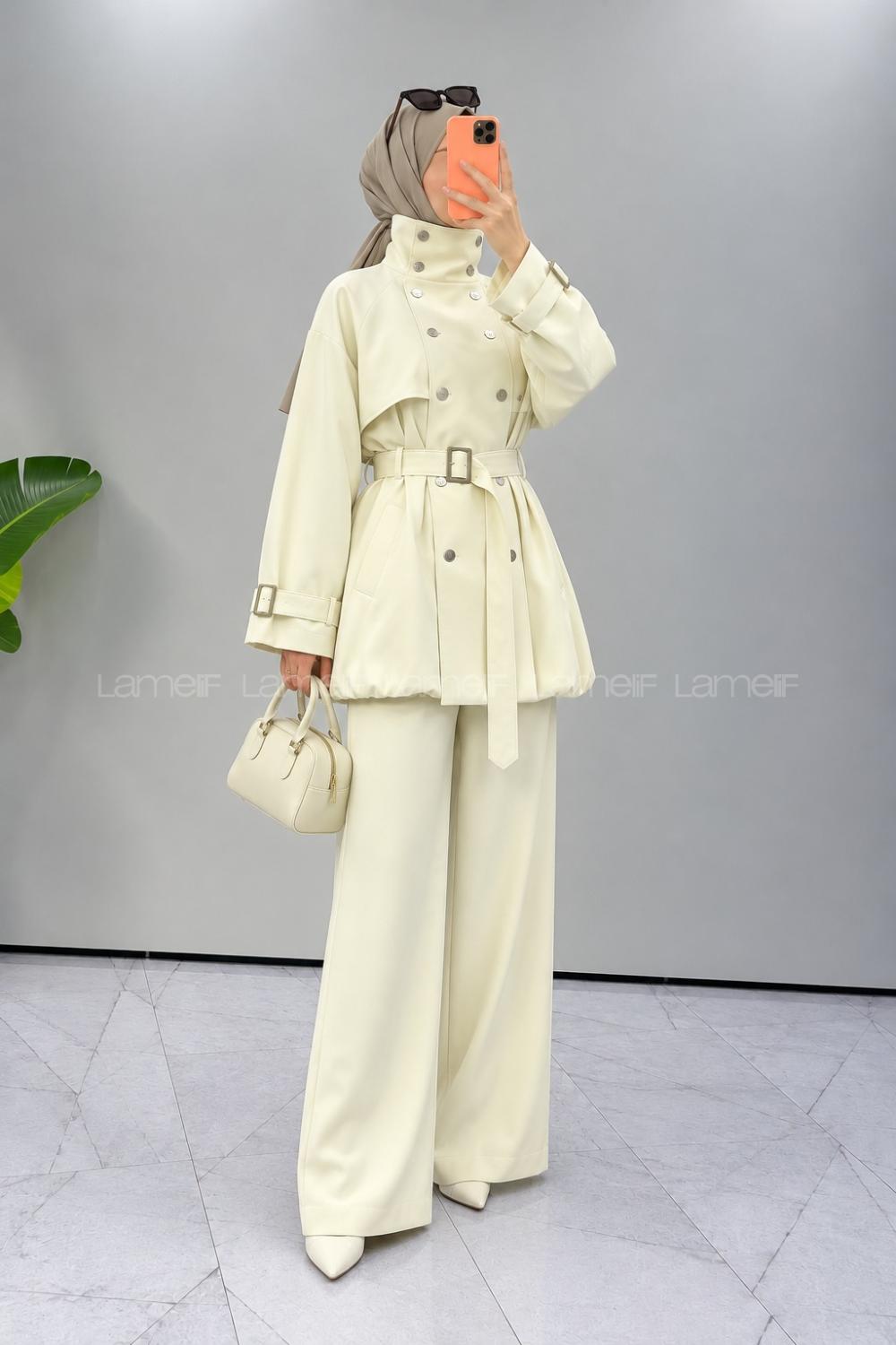 Beige Neckband Long Arm Jacket