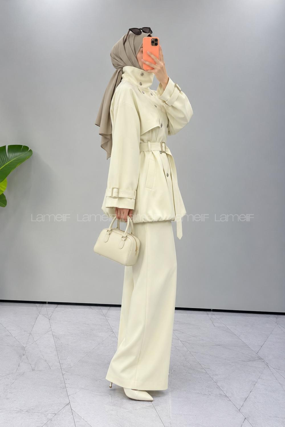 Beige Neckband Long Arm Jacket
