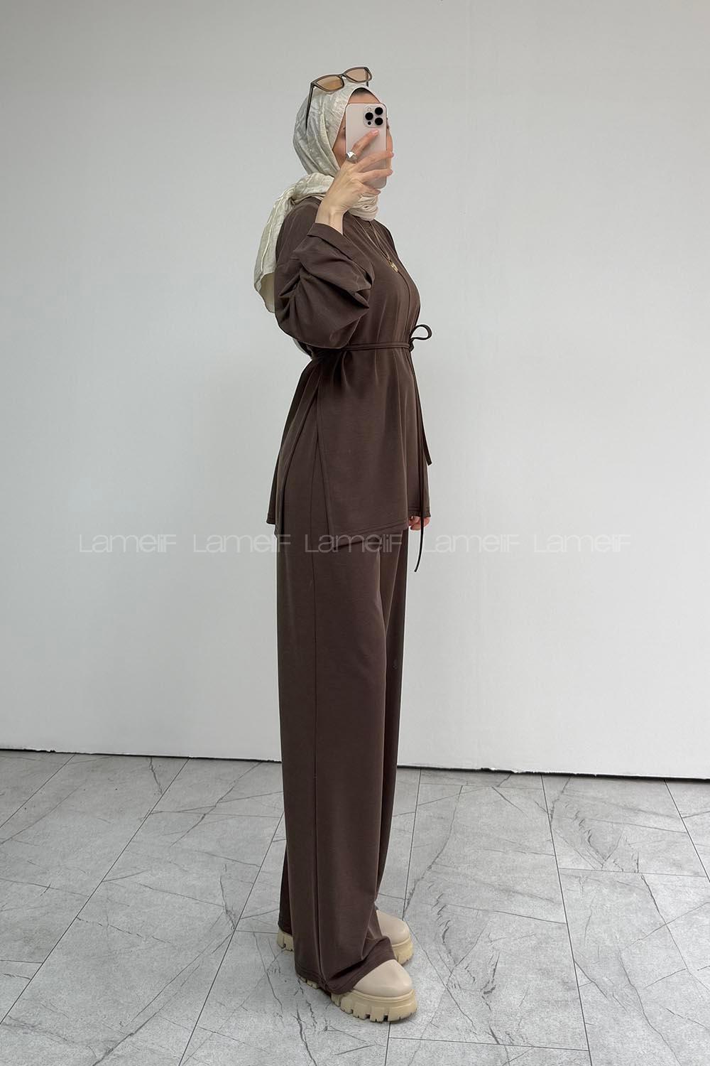 Brown Crew Neck Long Arm Belted Regular Trousers Suit