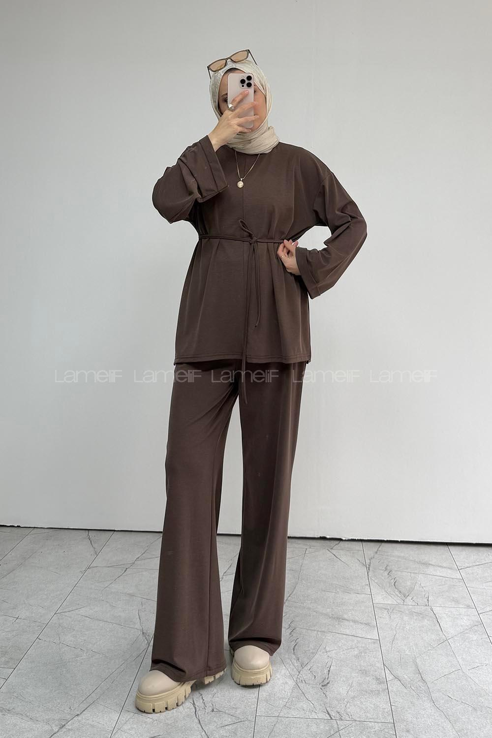 Brown Crew Neck Long Arm Belted Regular Trousers Suit