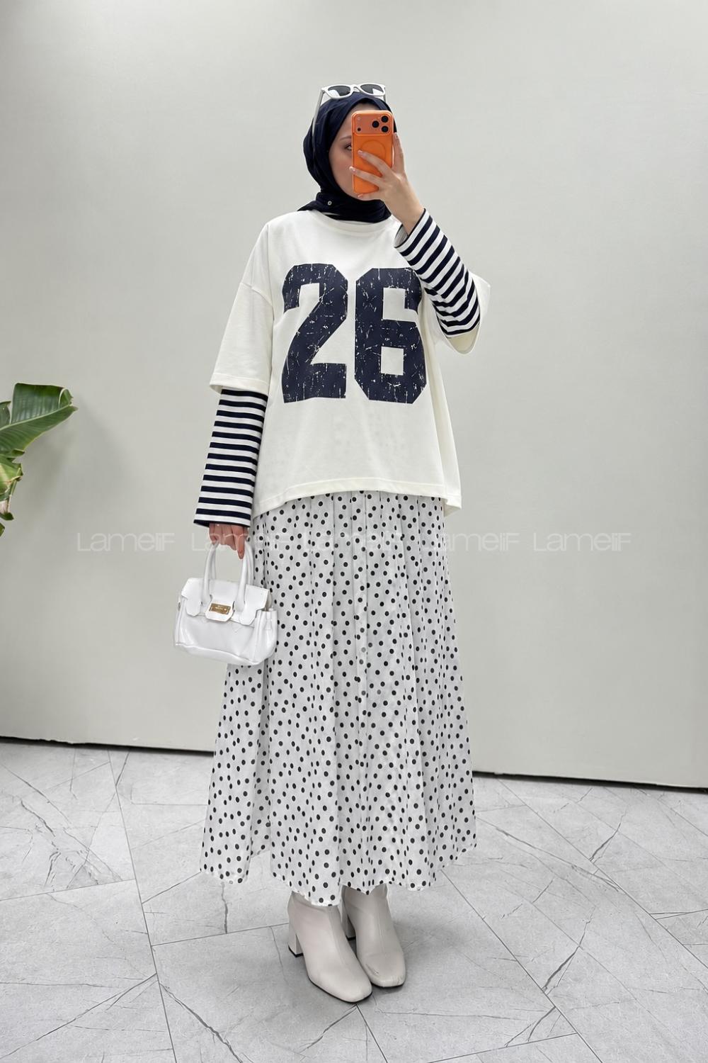 Lamelif Kolları Çizgili Ön Arka Baskı Detaylı Sweatshirt Beyaz