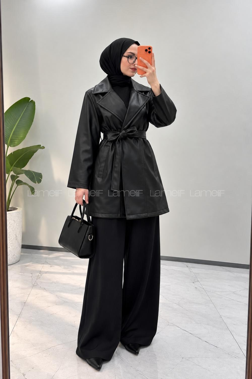 Black Long Arm Belted Buttoned Skin Trench Coat