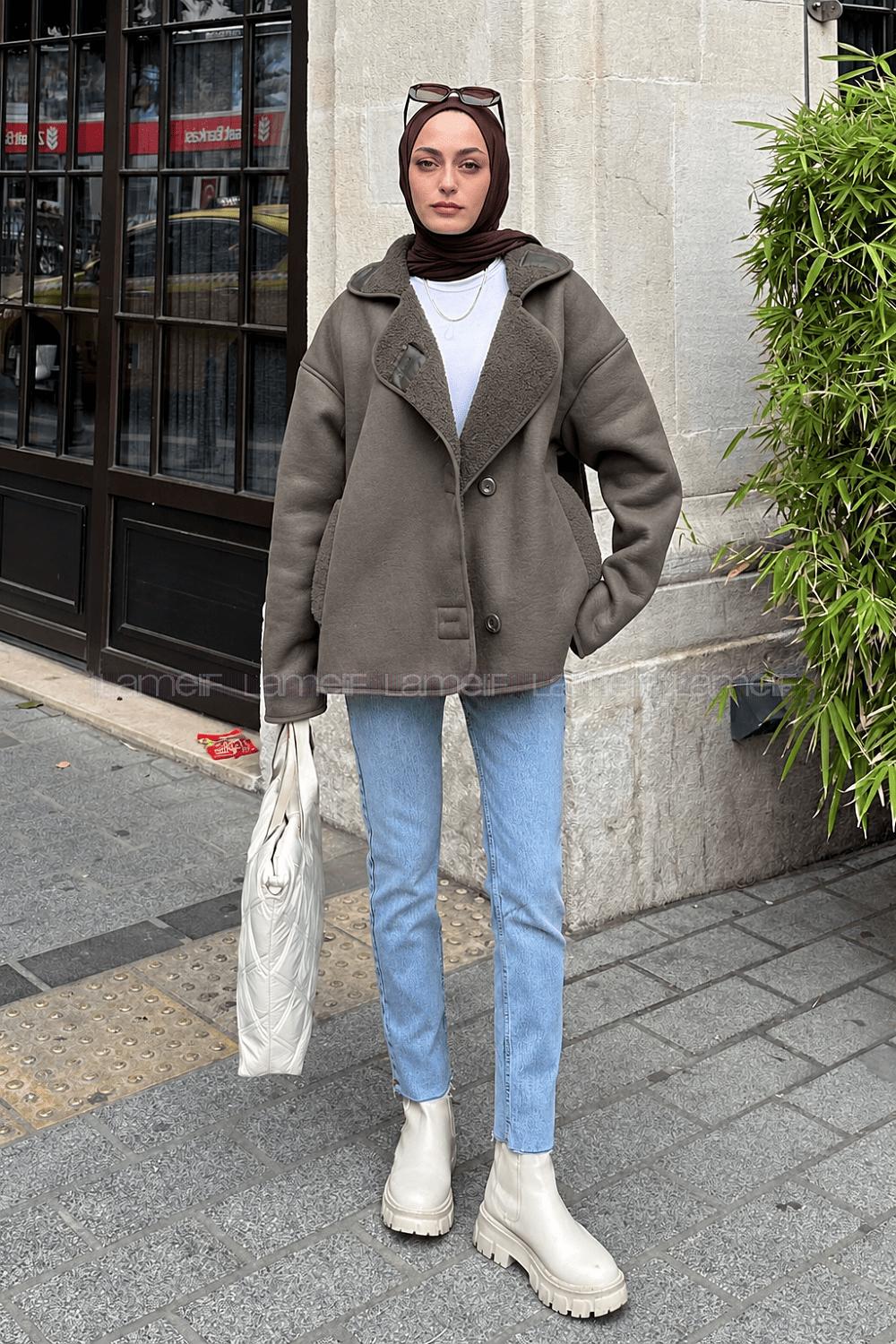 Lamelif Süet Düğmeli Mont Vizon