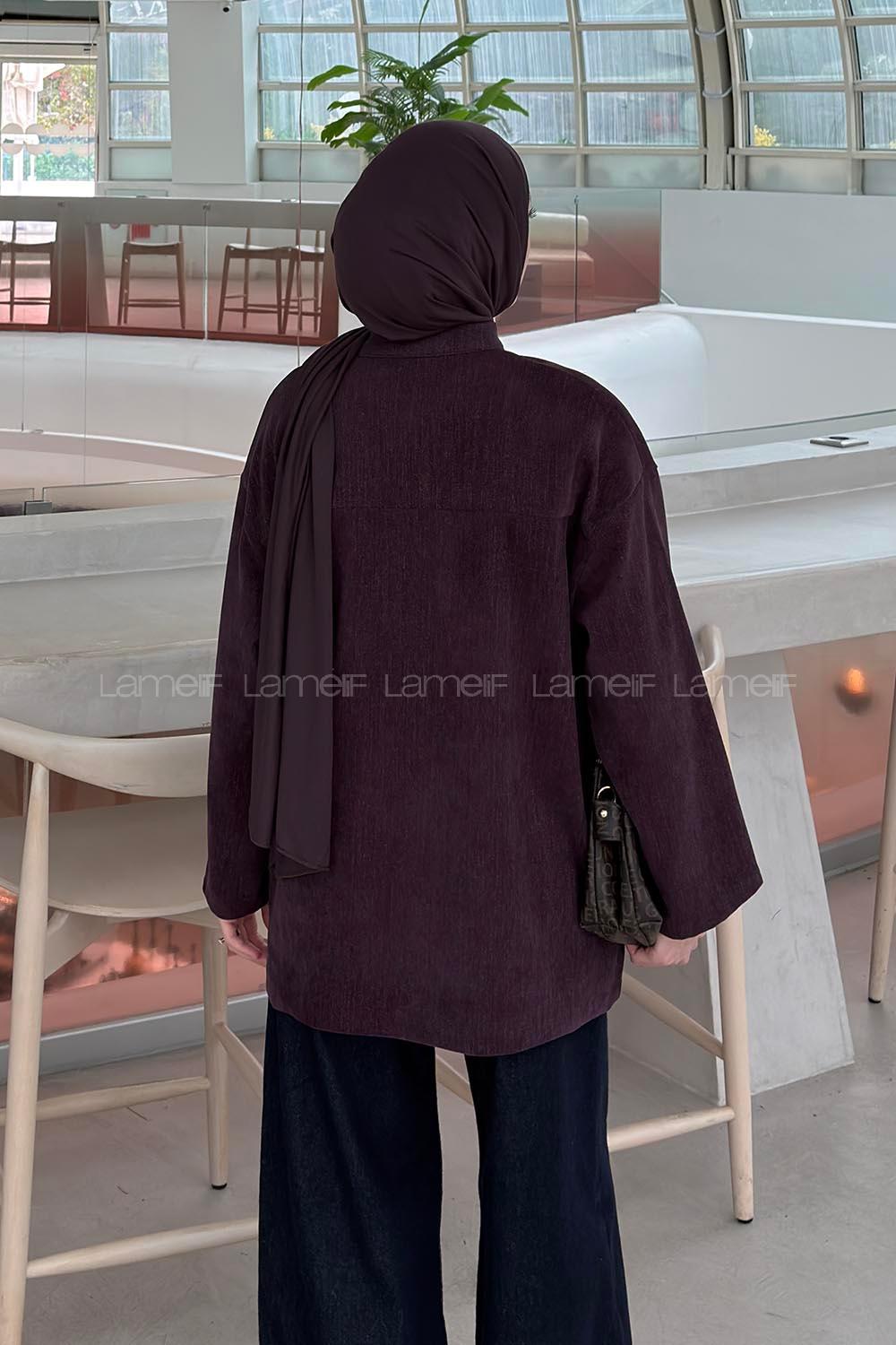 Lamelif Yaka Bağlama Detaylı Kadifemsi Tunik Mürdüm