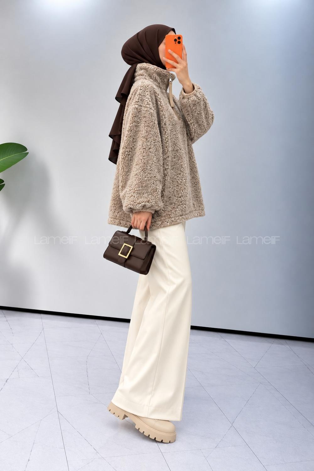 Lamelif Yarım Fermuar Yaka Polar Sweatshirt Bej