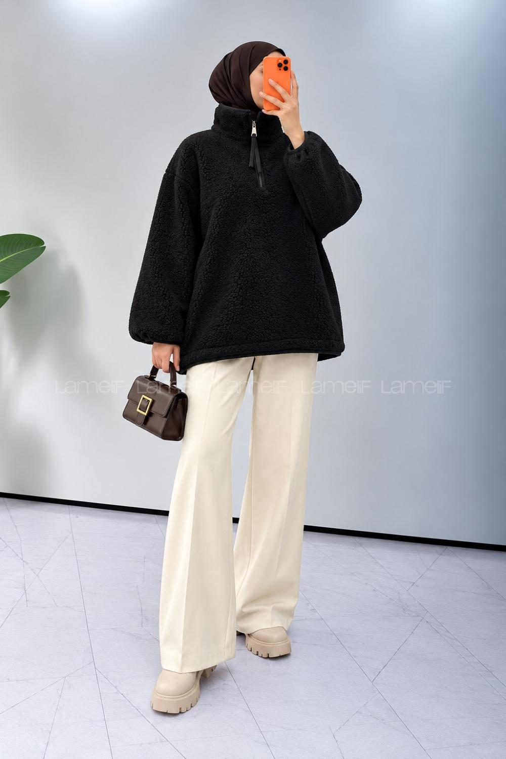 Lamelif Yarım Fermuar Yaka Polar Sweatshirt Siyah