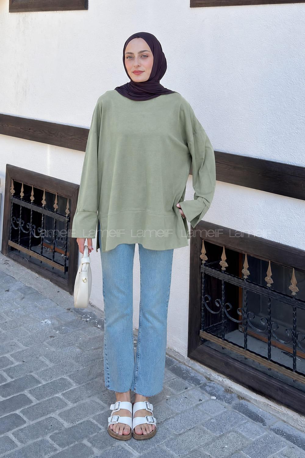 Lamelif Yırtmaç Detaylı Oysho Sweat Haki