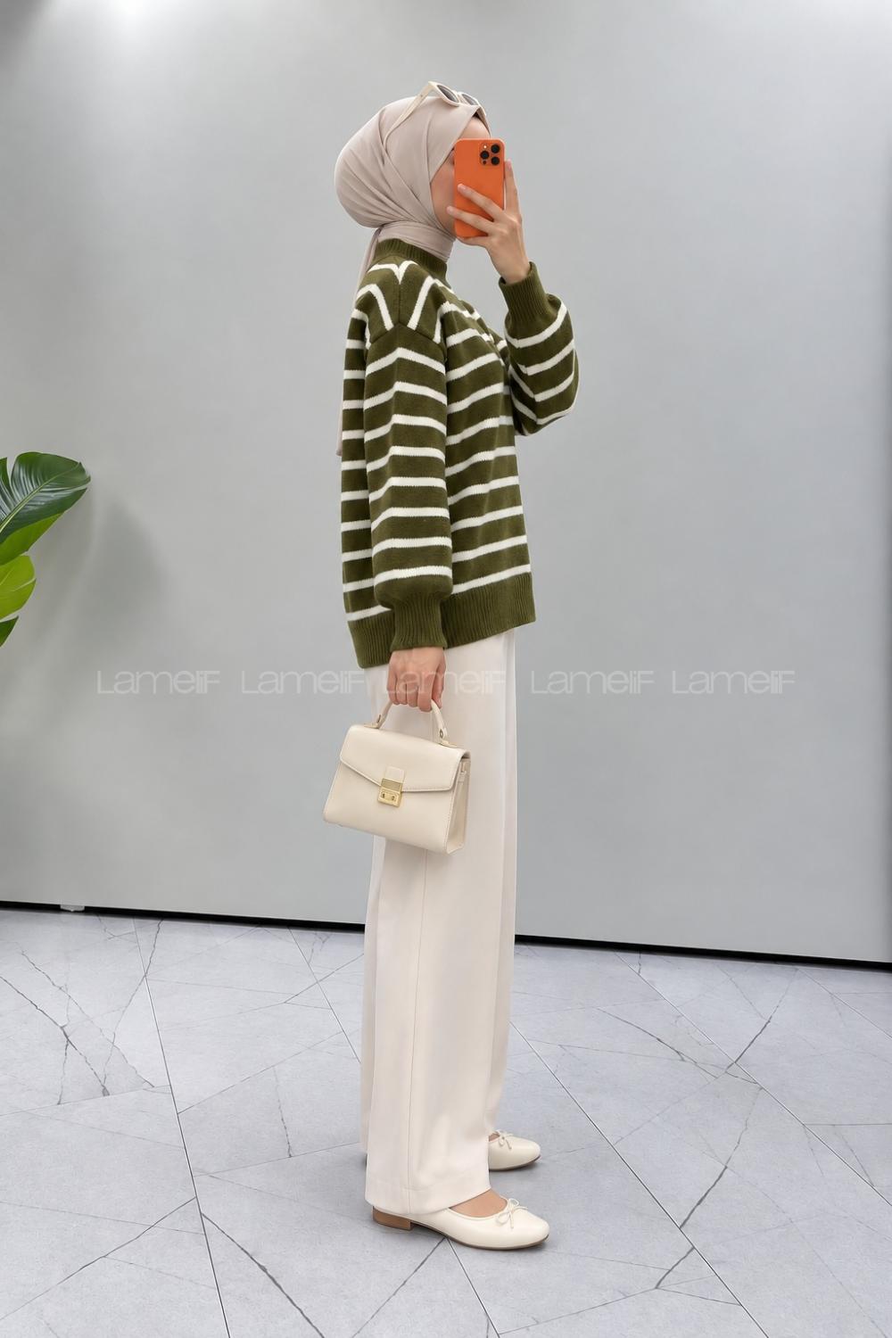 Lamelif Bisiklet Yaka Çizgili Yumoş Kazak Haki