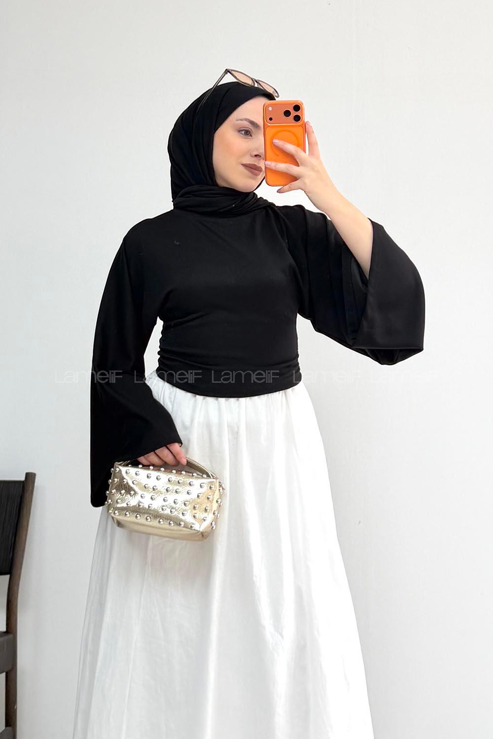 Lamelif Bisiklet Yaka Yarasa Kol Bluz Siyah