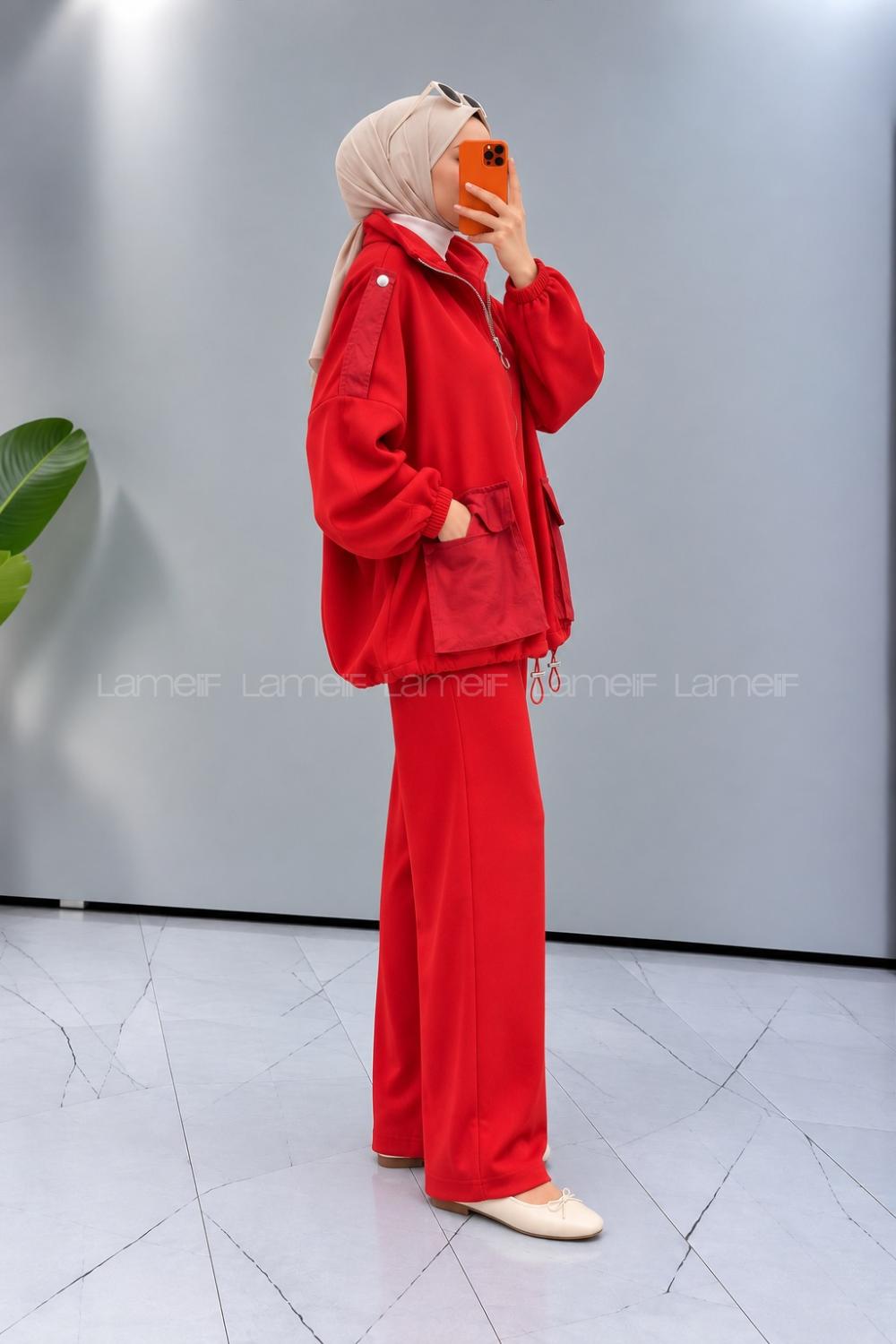 Lamelif Çift Cepli Oysho İkili Takım Kırmızı