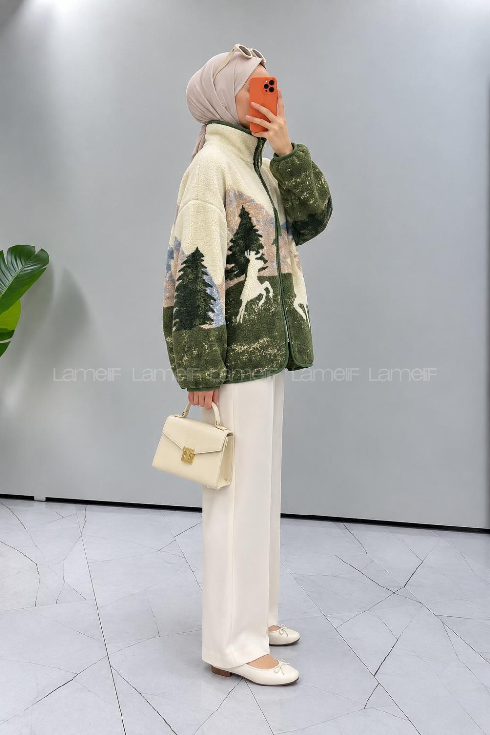 Lamelif Desenli Polar Sweatshirt Haki