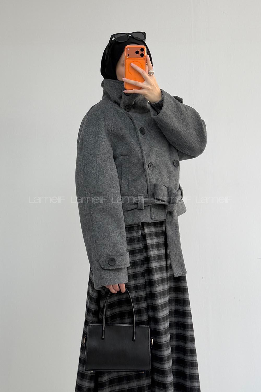 Lamelif Dik Yakalı Kaşe Kaban Antrasit