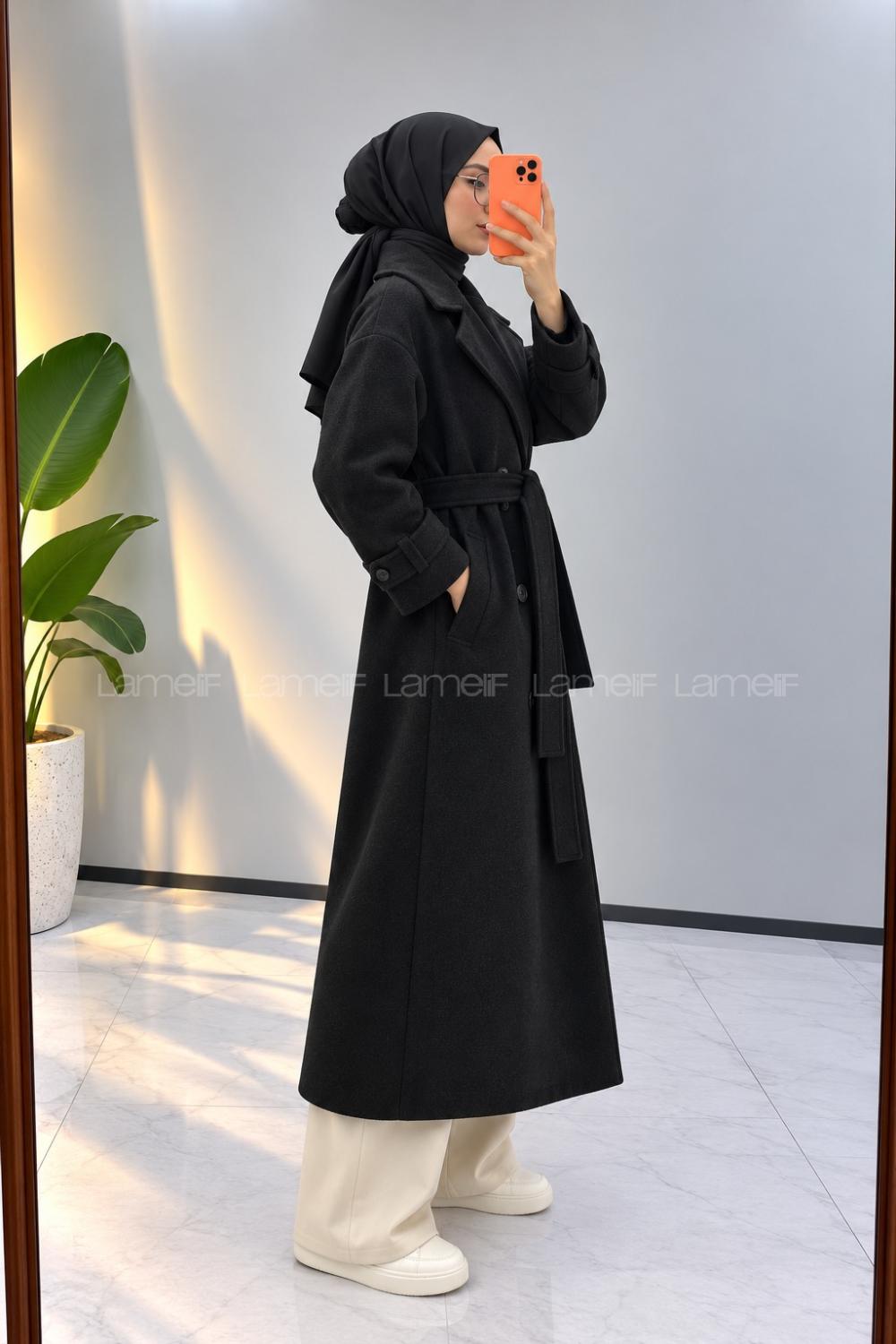 Lamelif Kruvaze Yaka Kemerli Kaban Siyah