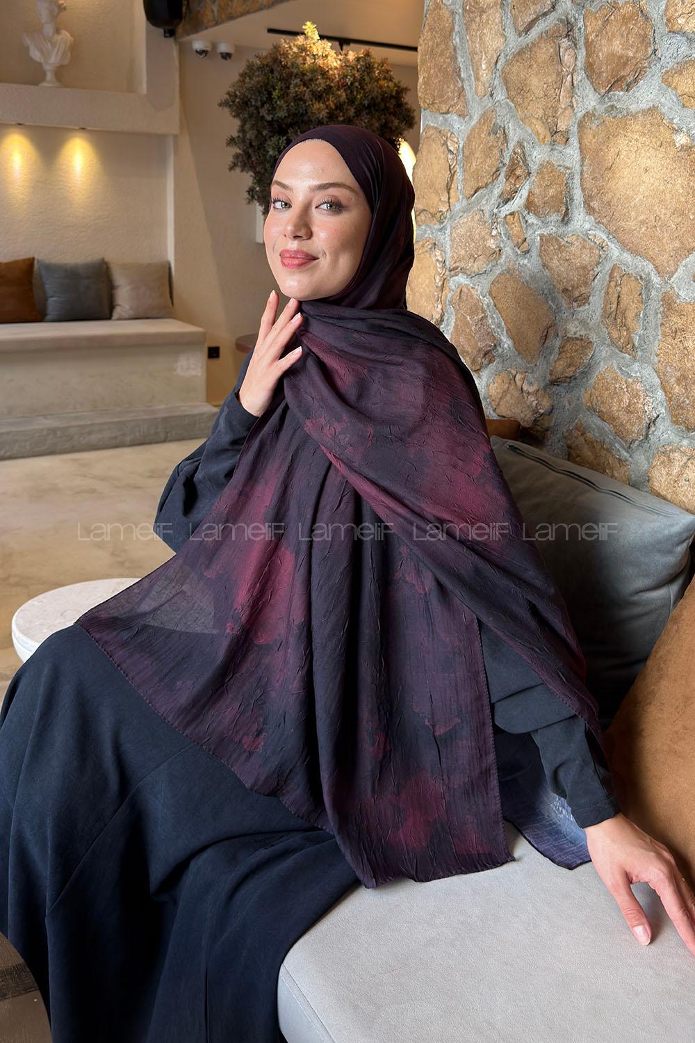 Lamelif Bulut Desen Bambu Şal Koyu Bordo